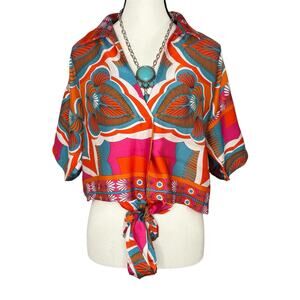 Peach Love California Blouse Womens Medium Retro Boho Tie Front Cropped Top